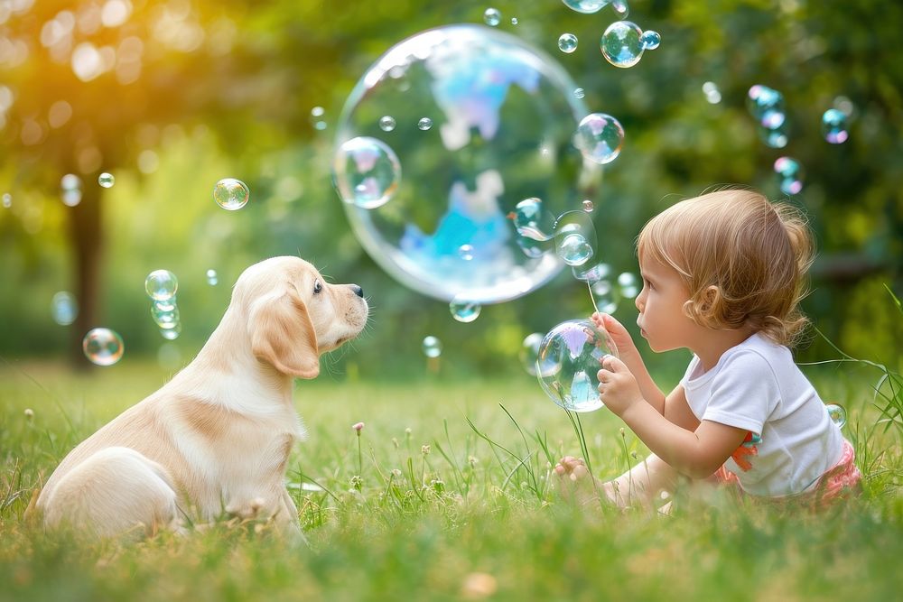 Puppy and a child playing bubble outdoors portrait.