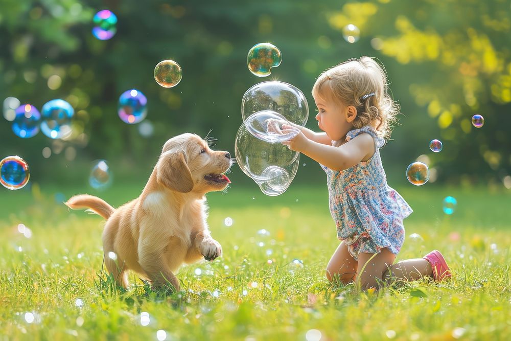 Puppy and a child playing portrait outdoors animal.