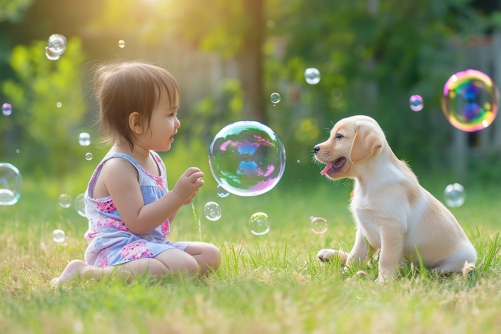 Puppy and a child playing animal mammal bubble.