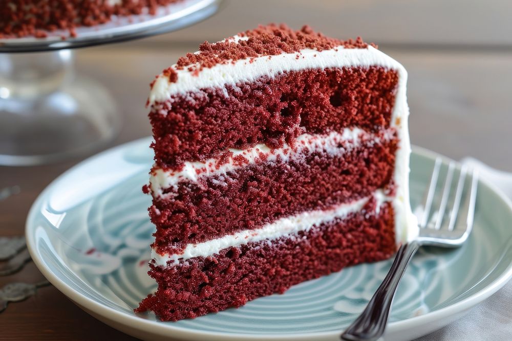 Red velvet cake plate food dessert.