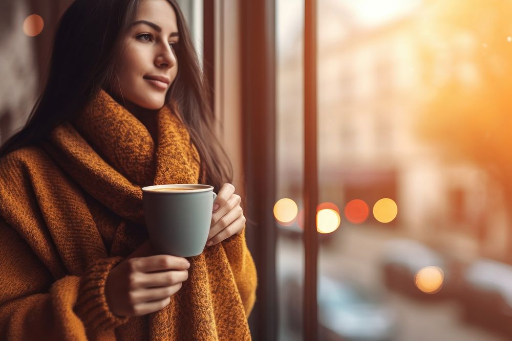 A woman holding a cup of coffee window winter drink.