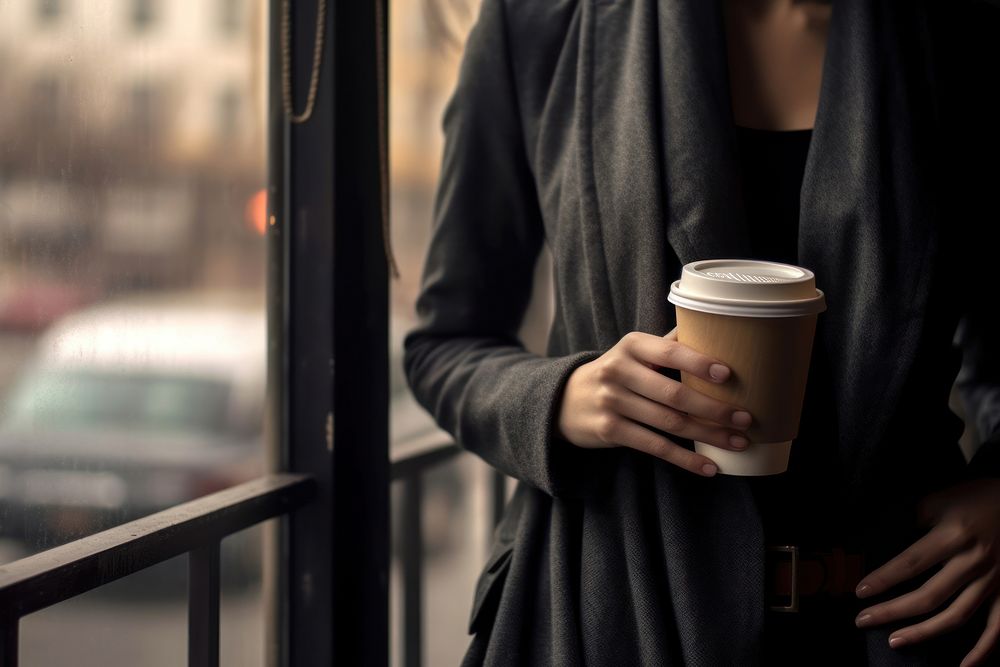A woman holding a cup of coffee standing drink black.