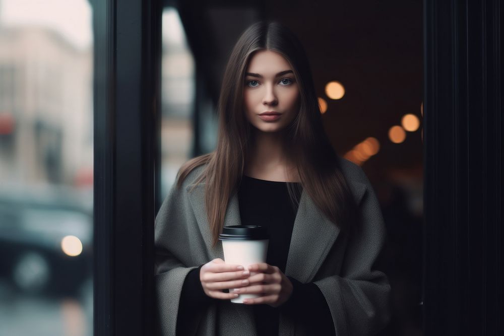 A woman holding a cup of coffee portrait fashion adult.