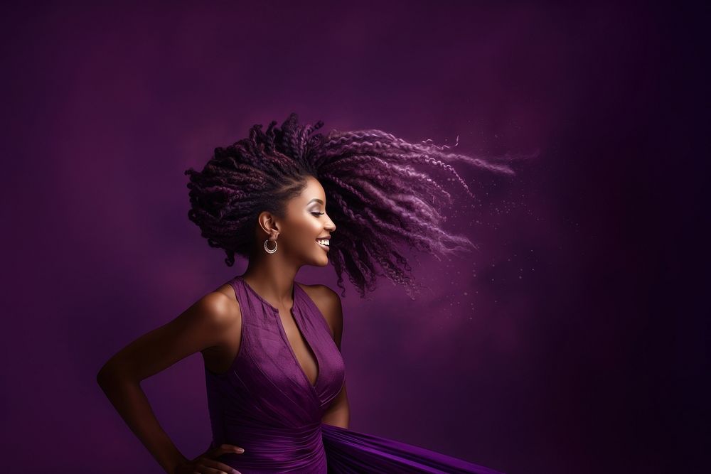 Shaking beautiful Afro braids purple portrait dress.