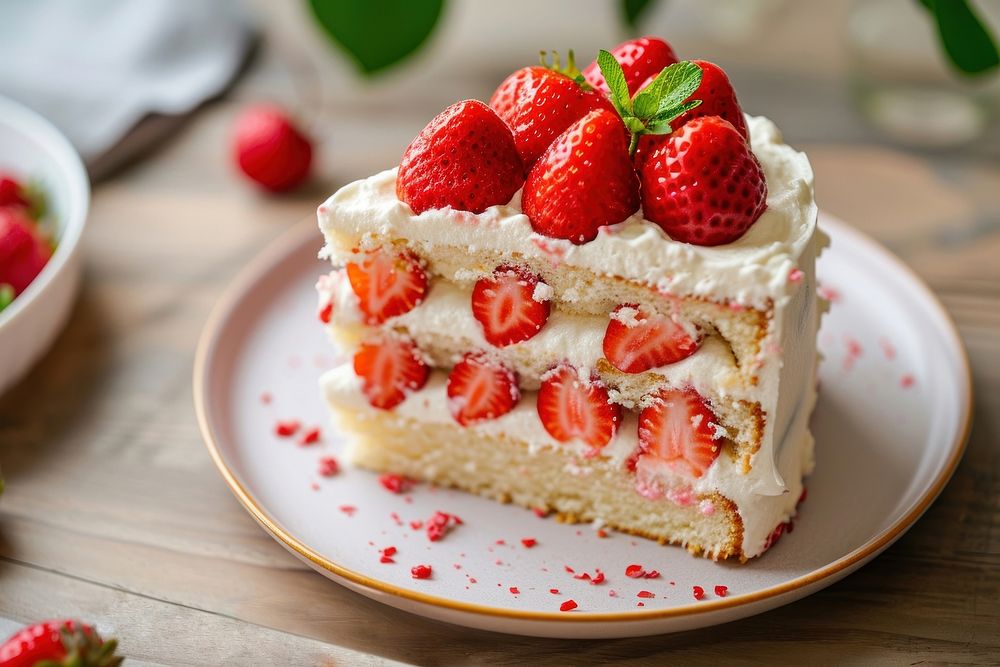 Strawberry short cake plate food dessert.