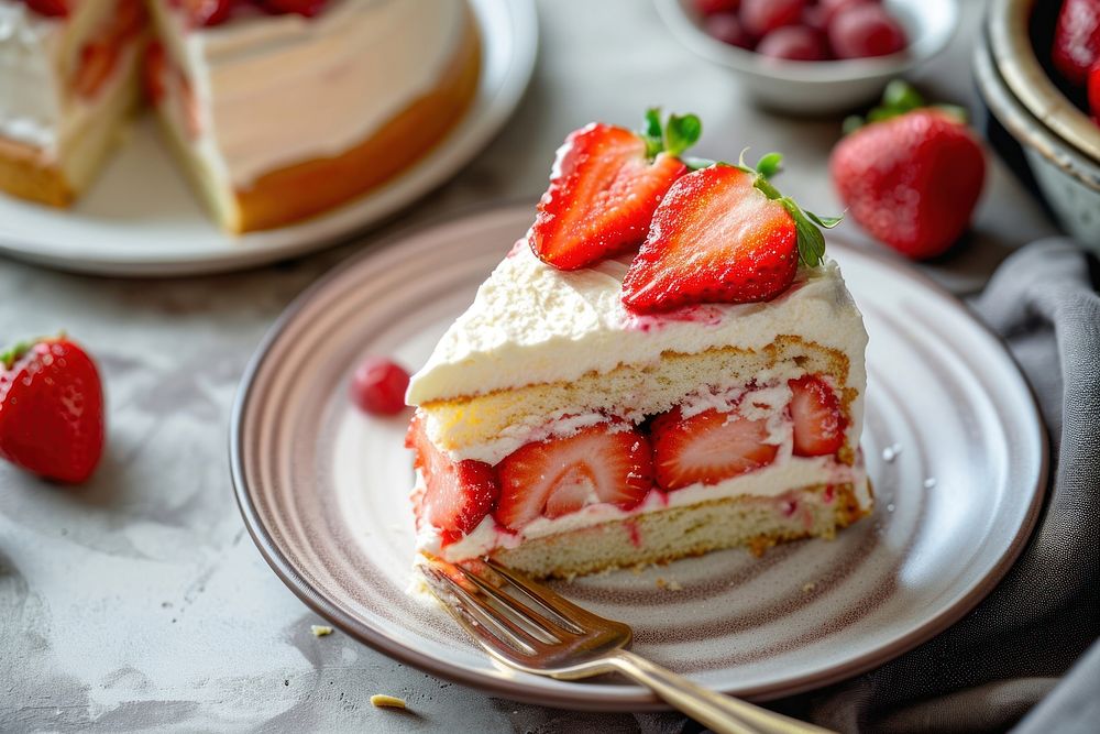 Strawberry short cake plate food cheesecake.