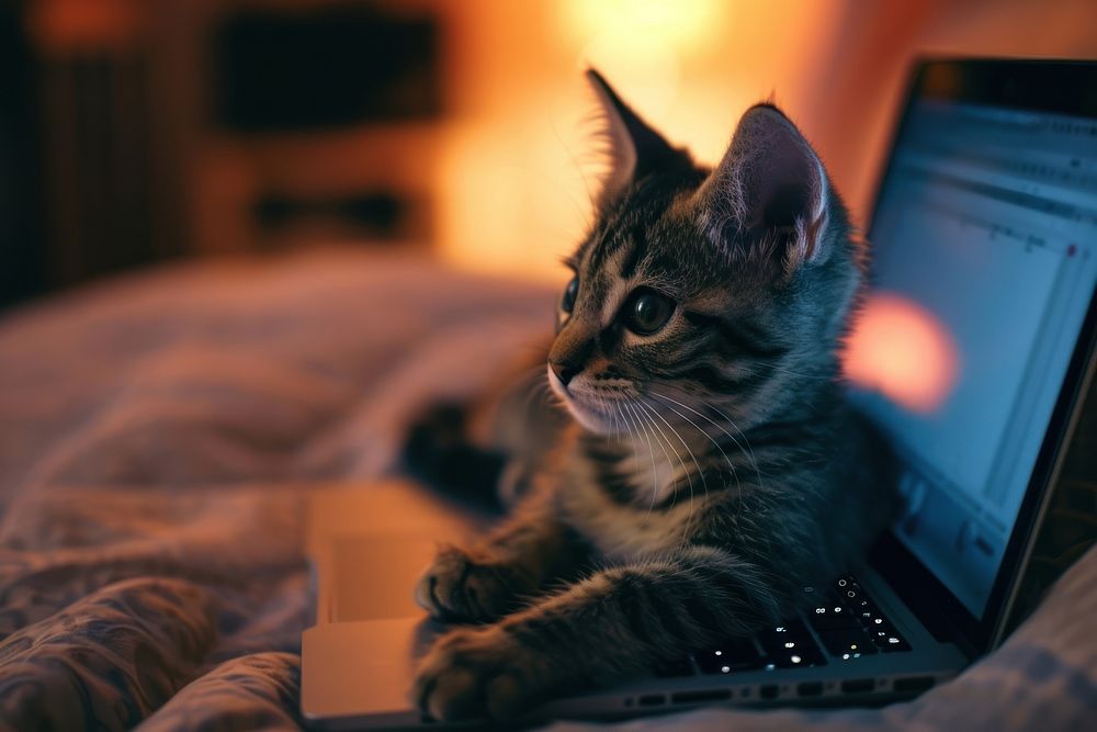 Cat sitting on a laptop computer animal mammal. AI generated Image by rawpixel.