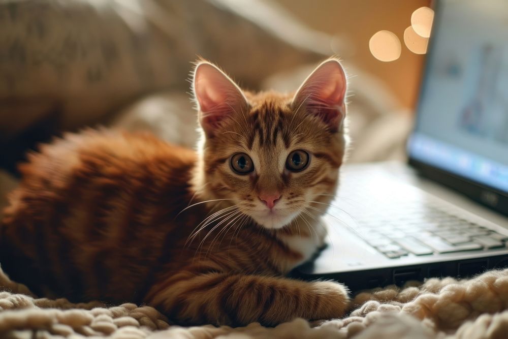 Cat sitting on a laptop computer mammal animal. AI generated Image by rawpixel.