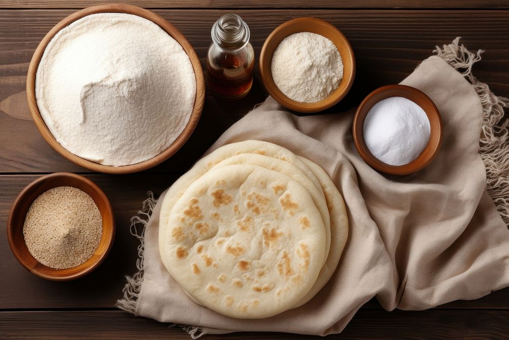 English muffins ingredient bread table.