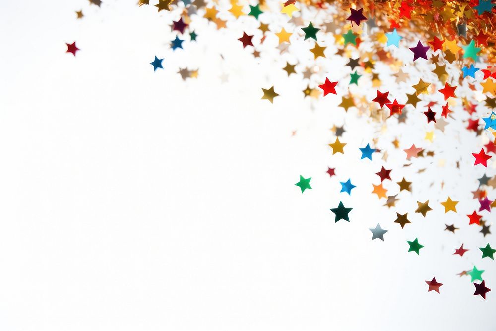 Pieces of star-shaped confetti backgrounds white background illuminated.