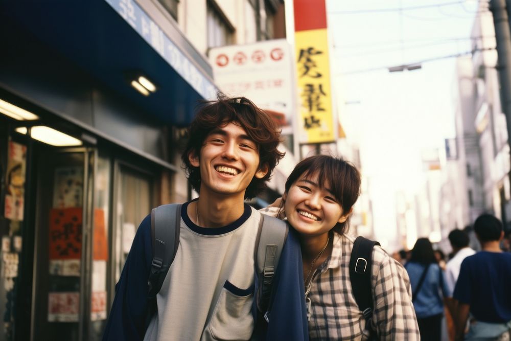 Happy Backpackers in tokyo adult city togetherness.