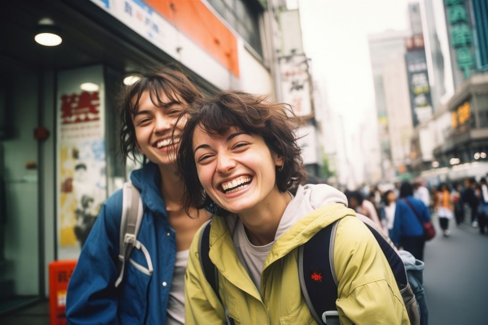 Happy Backpackers in tokyo laughing smile adult.