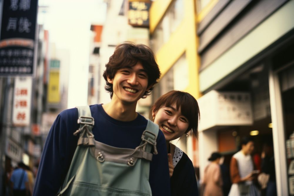 Happy Backpackers in tokyo photo city togetherness.