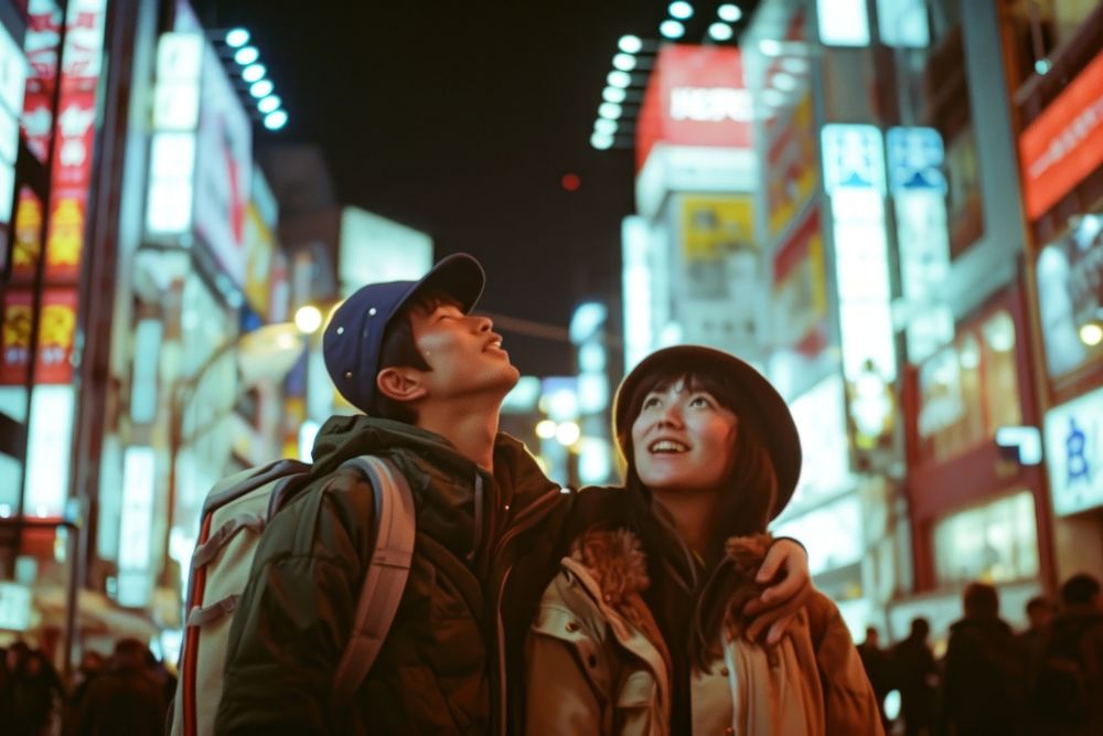 Happy Backpackers in tokyo outdoors street adult.