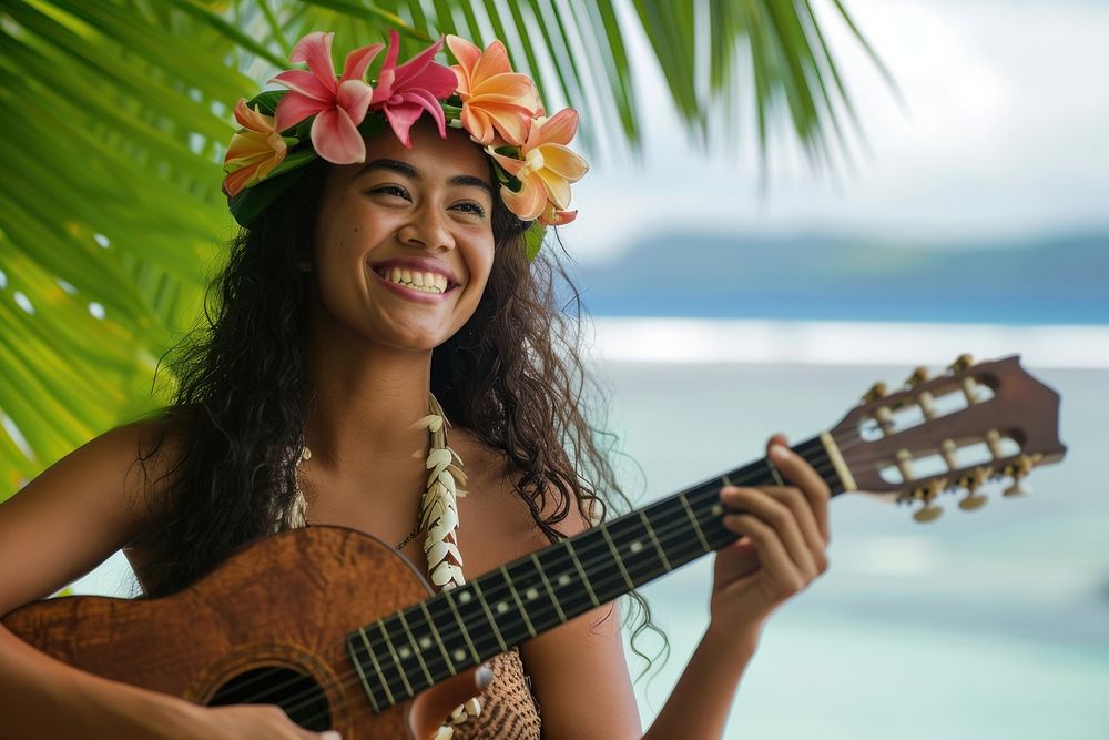 Happy Samoan girl guitar musician coconut.