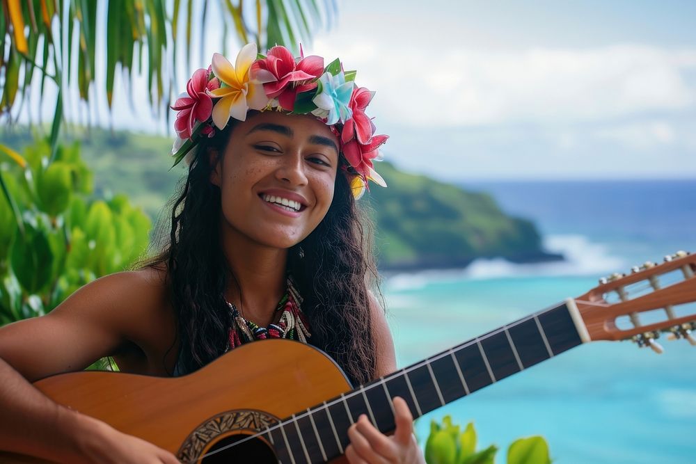 Happy Samoan girl guitar flower travel.