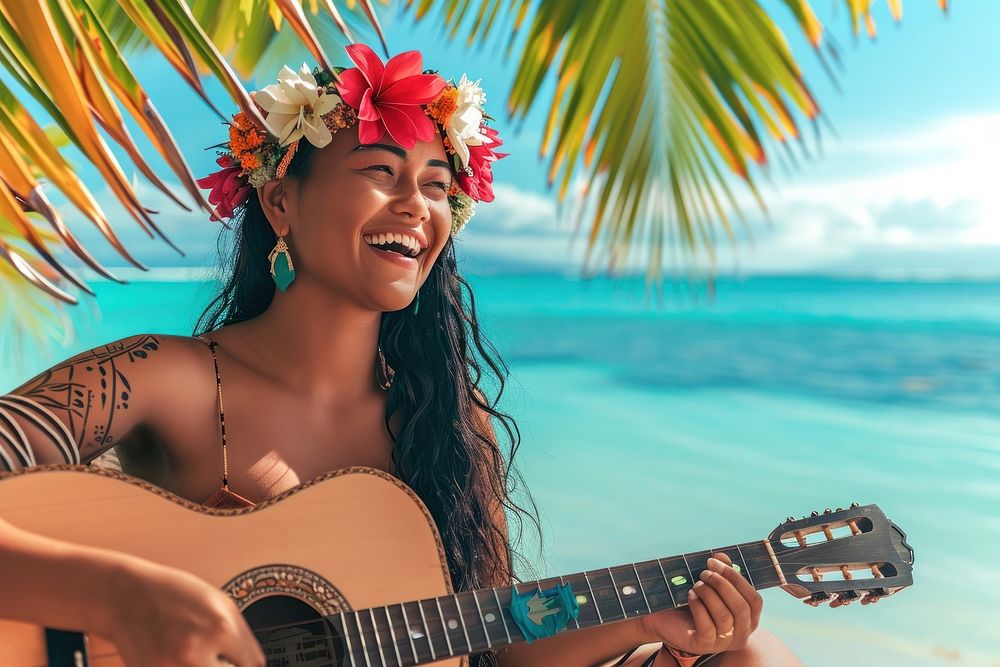 Happy Samoan girl guitar musician flower.