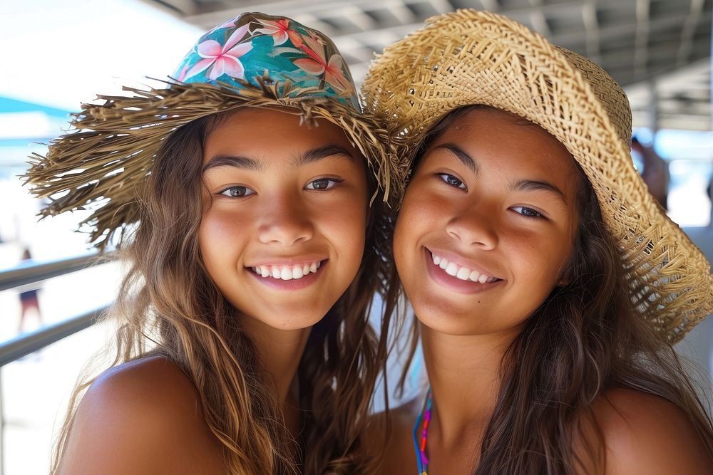 Happy Samoan girls swimwear portrait smile.