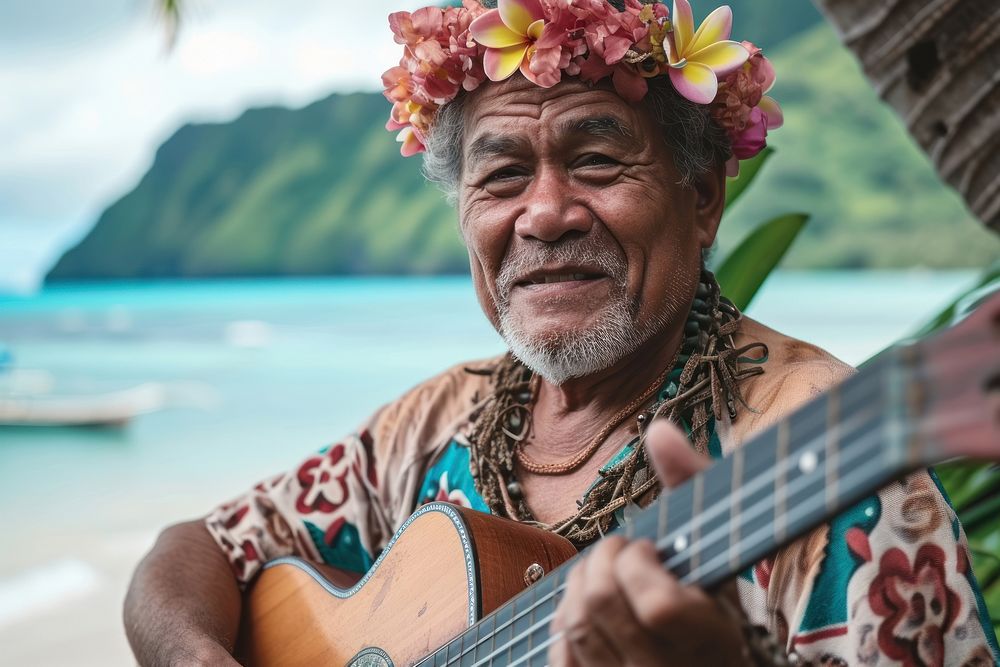 Happy Samoan man guitar musician portrait.