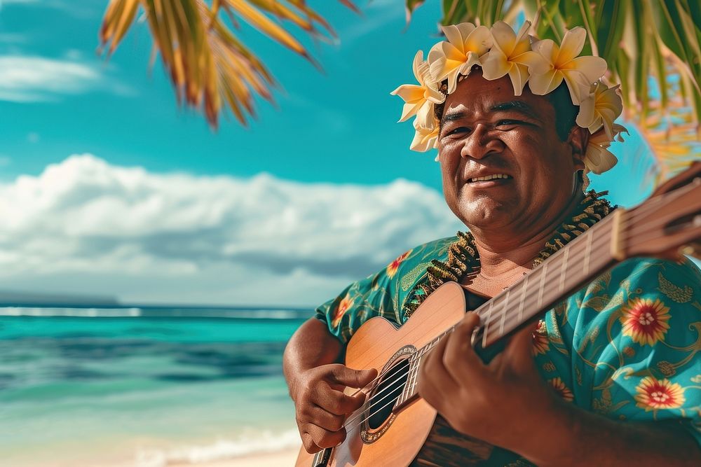 Happy Samoan man travel guitar music.
