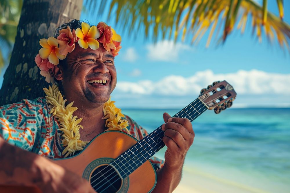 Happy Samoan man guitar coconut travel.