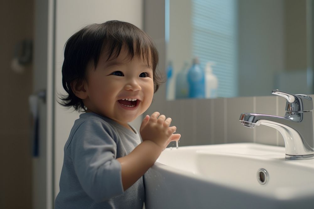 Japanese little toddler boy bathroom portrait photo.