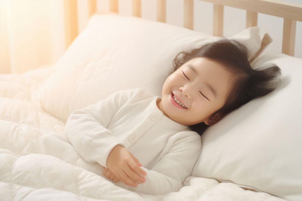 Japanese little toddler girl sleeping blanket smiling.