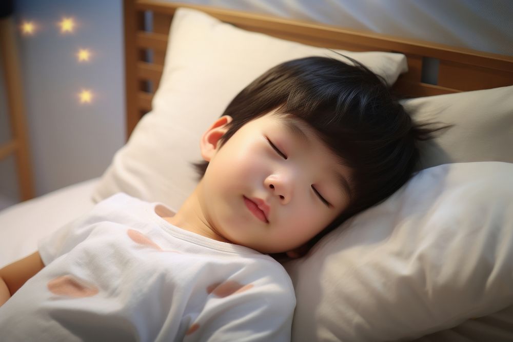Japanese little todler boy sleeping blanket bedroom.