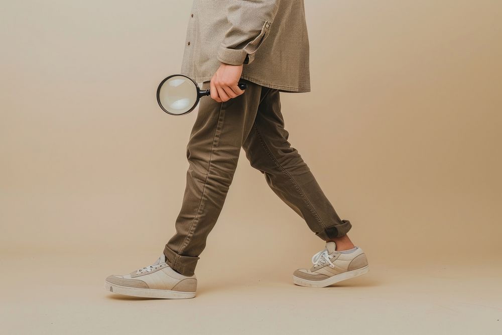 Person holding magnifying glass footwear walking person.