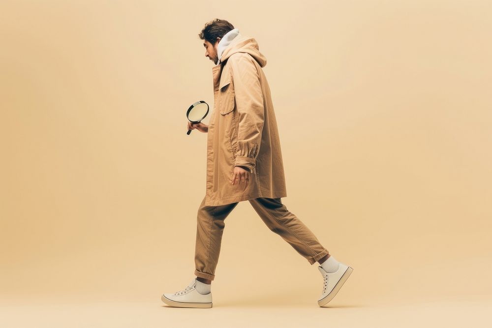 Person holding magnifying glass overcoat walking person.