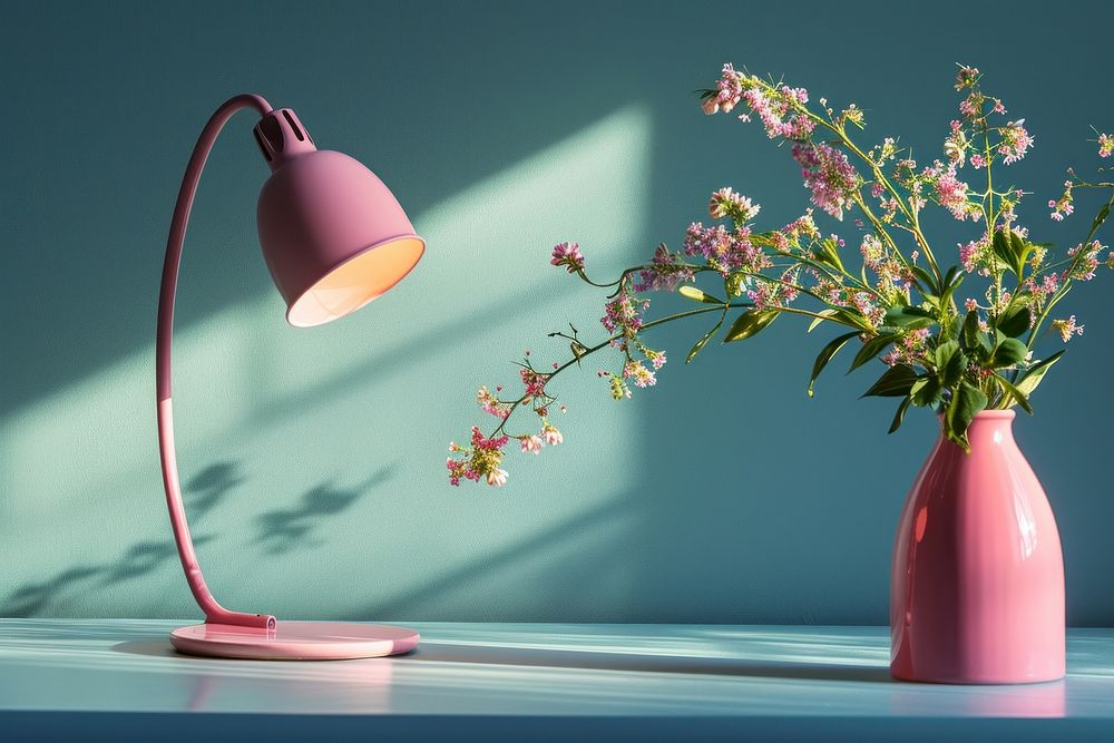 Pink lamp with flower vase table plant decoration. 