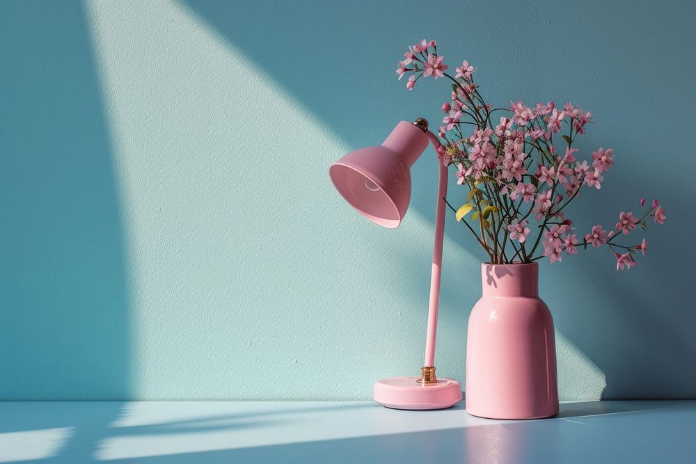Pink lamp with flower vase table blue decoration. AI generated Image by rawpixel.