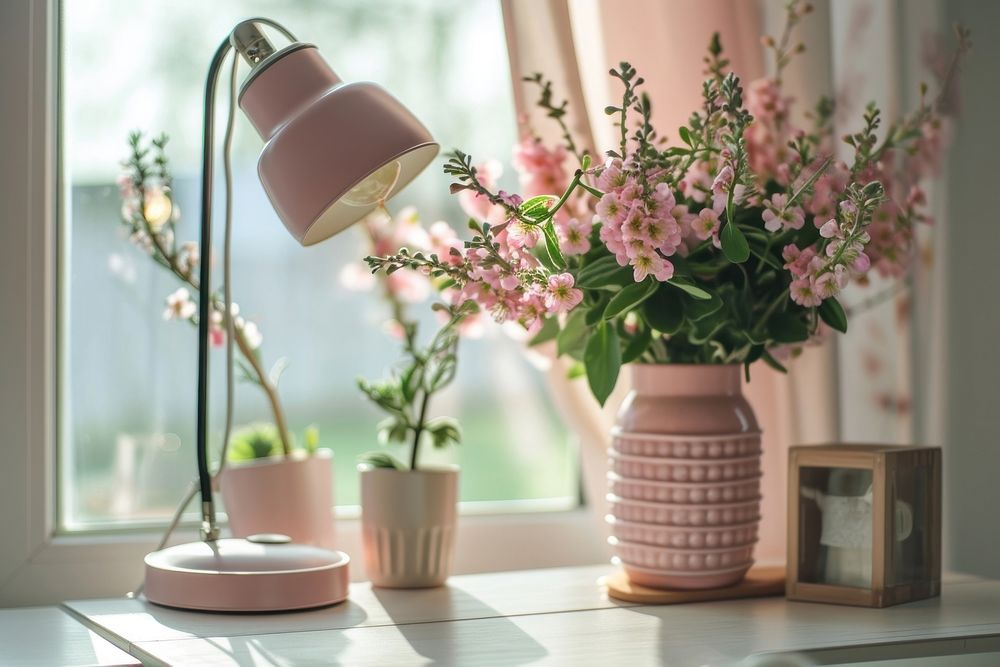Lamp flower windowsill table. AI generated Image by rawpixel.