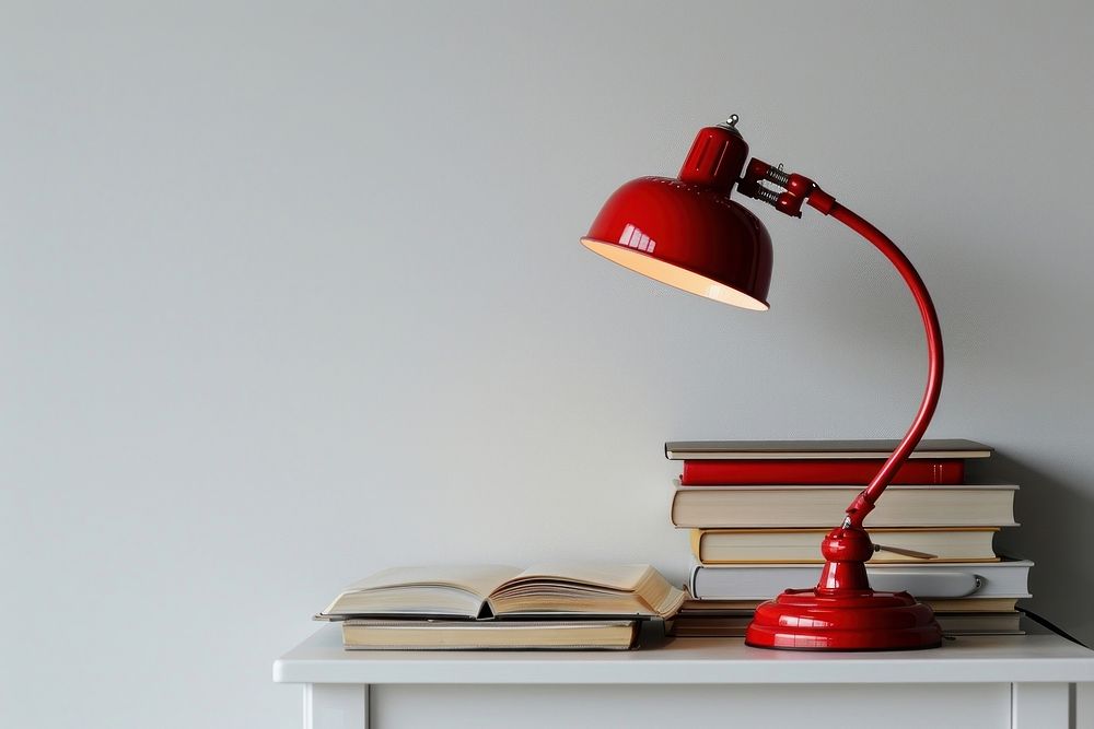 Red lamp lampshade book desk. AI generated Image by rawpixel.