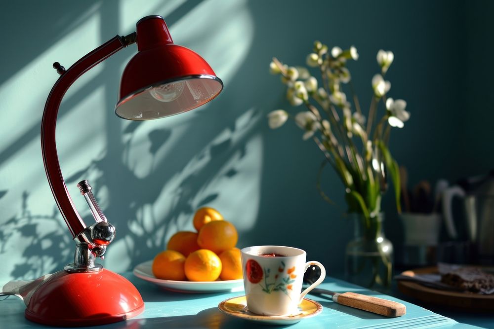 Red lamp with breakfast table furniture lighting. AI generated Image by rawpixel.