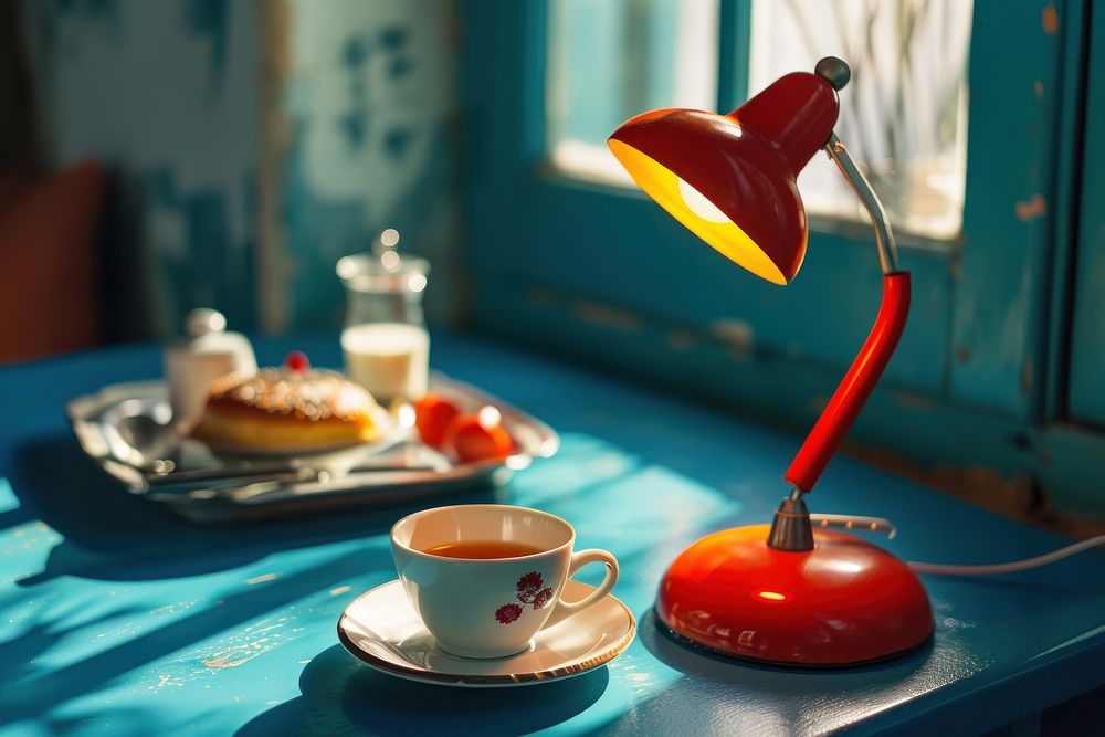 Red lamp with breakfast table cup mug. AI generated Image by rawpixel.