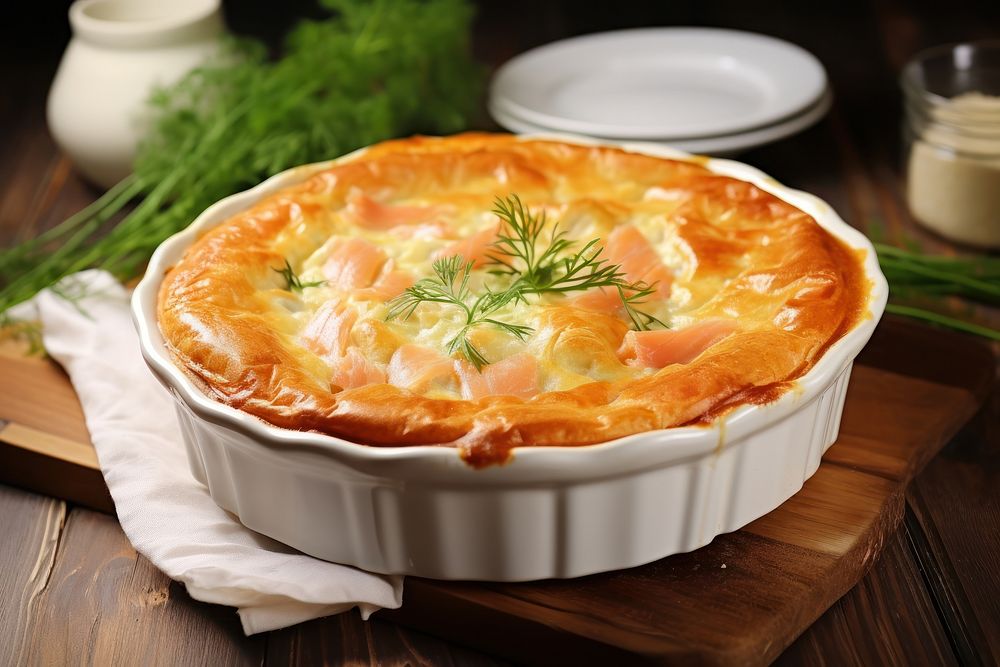 Salmon stuffed pie in a white ceramic pastry table food.