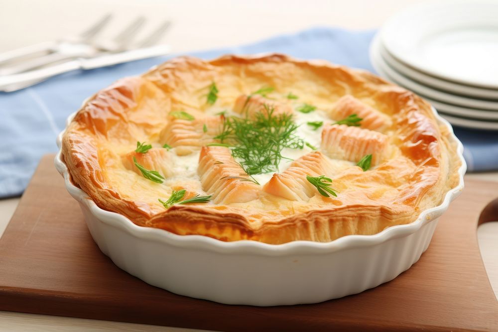 Salmon stuffed pie in a white ceramic pastry dessert baked.