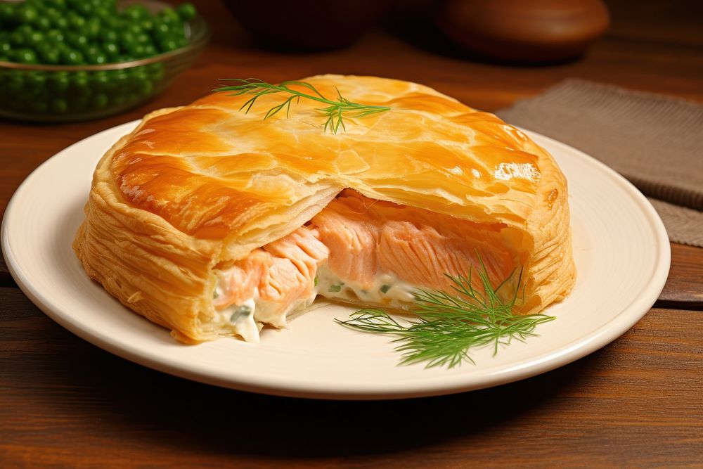 Salmon stuffed pie in a white ceramic pastry dessert baked.