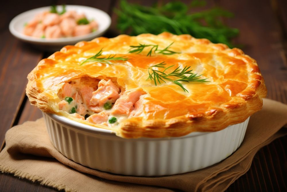 Salmon stuffed pie in a white ceramic pastry table plate.