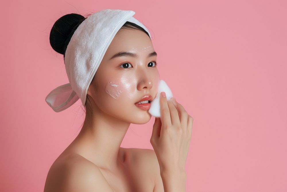 Cleansing her face skin with a cotton pad cosmetics portrait adult.