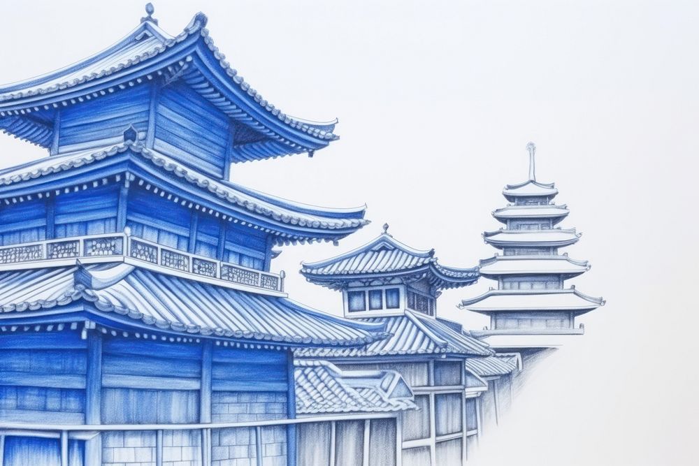 Drawing japan street architecture building pagoda.
