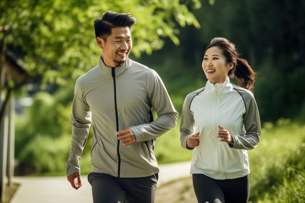 Asian couple jogging running sports adult.
