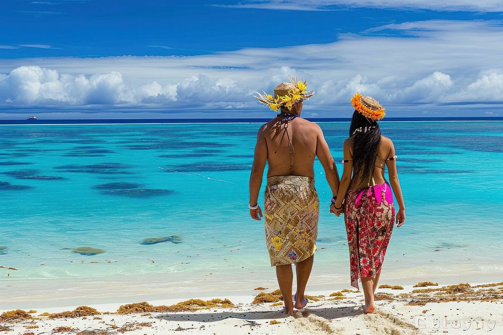 Micronesian couple vacation walking island.