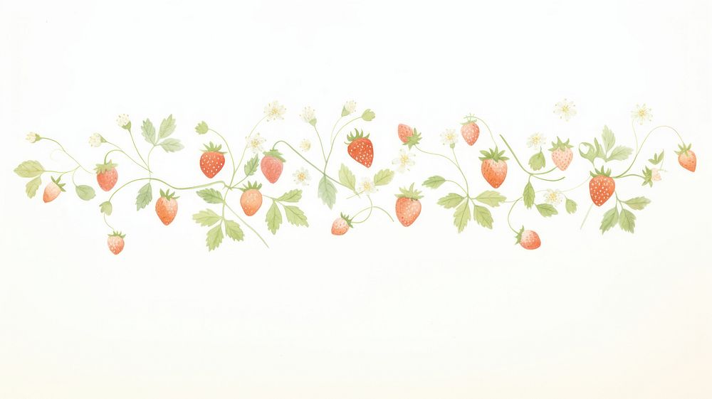 Strawberies and strawberries leaves as divider line watercolour illustration pattern plant strawberry.