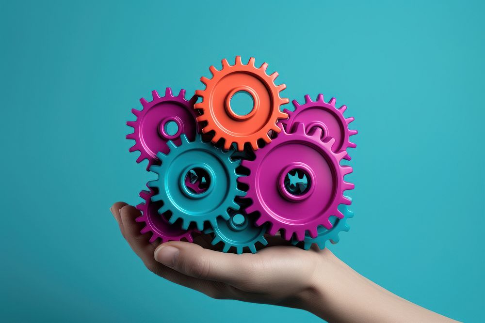 Hands holding gears wheel vibrant color clockworks. AI generated Image by rawpixel.