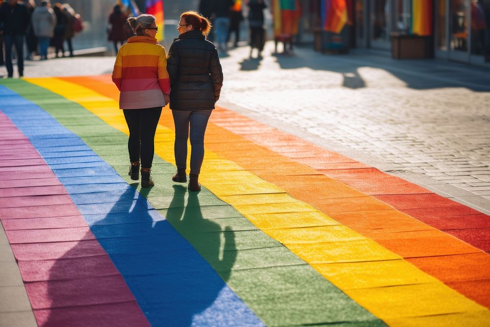 Two people walking on lgbt colored walkway adult city togetherness.