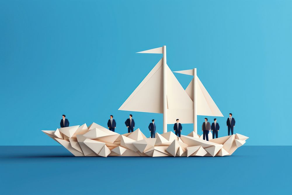 Businessman leader with binoculars lead business team sailing origami ship sailboat teamwork vehicle. AI generated Image by…