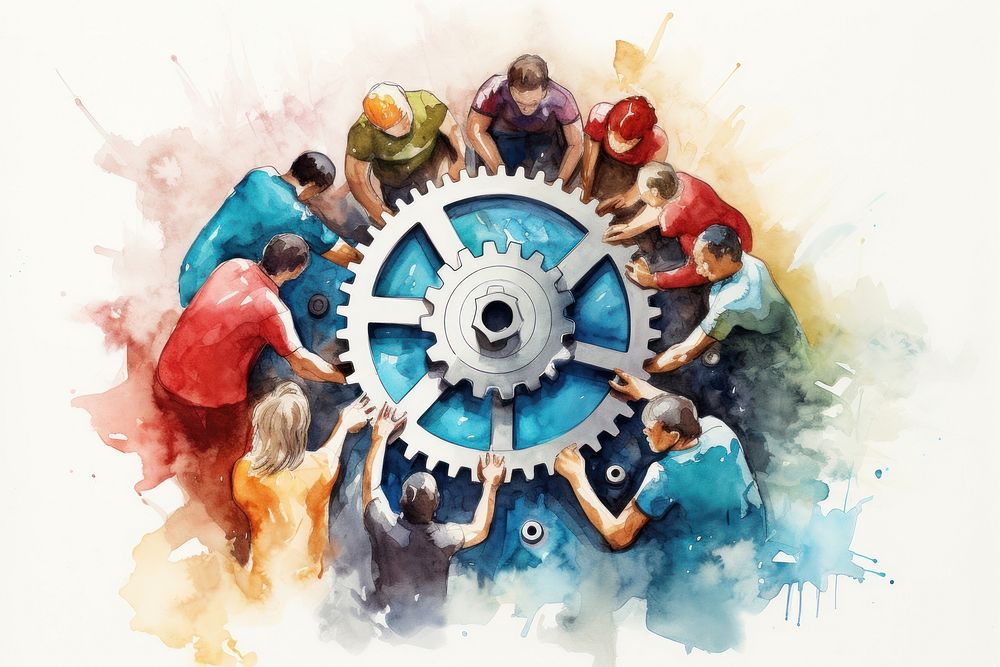 Gear being assembled by hands painting wheel adult. AI generated Image by rawpixel.