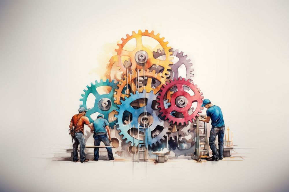 Gears being assembled into big gear by hands teamwork architecture cooperation. AI generated Image by rawpixel.
